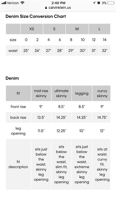 calvin klein pants size chart.